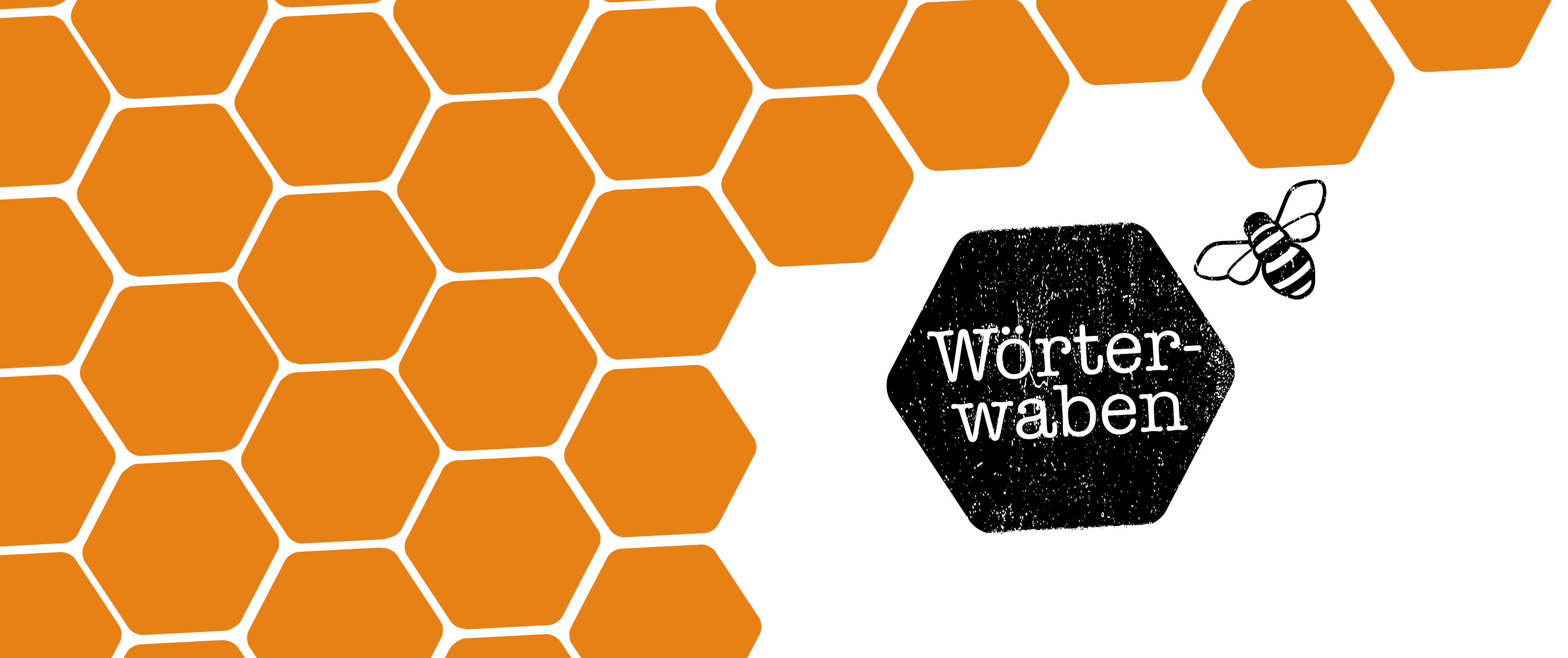 Grafik mit orangen Waben links, schwarzer Wabe mit „Wörterwaben“-Text rechts und einer stilisierten Biene daneben.
